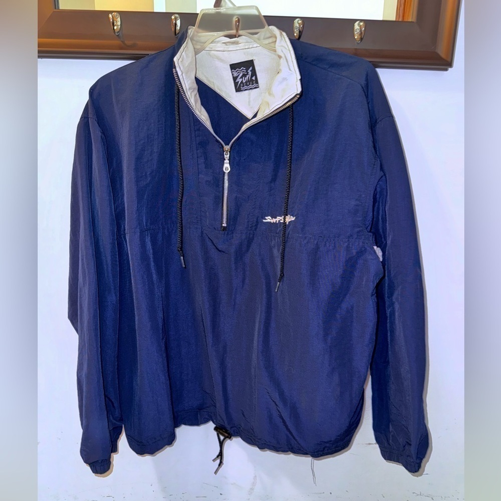 Vintage Surf Style Windbreaker Quarter Zip Longsleeve Dark Blue White One Size